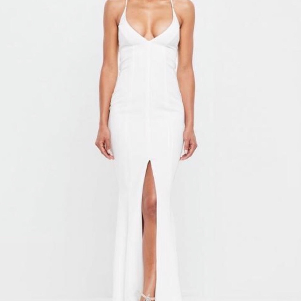 Peace + love white slip fishtail maxi dress